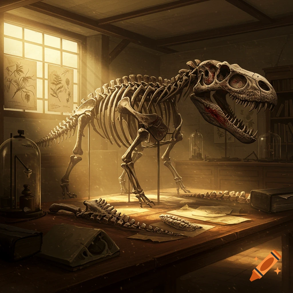 A T-Rex skeleton in a dimly lit museum or lab, with sunlight filtering through a window, surrounded by scientific instruments.
