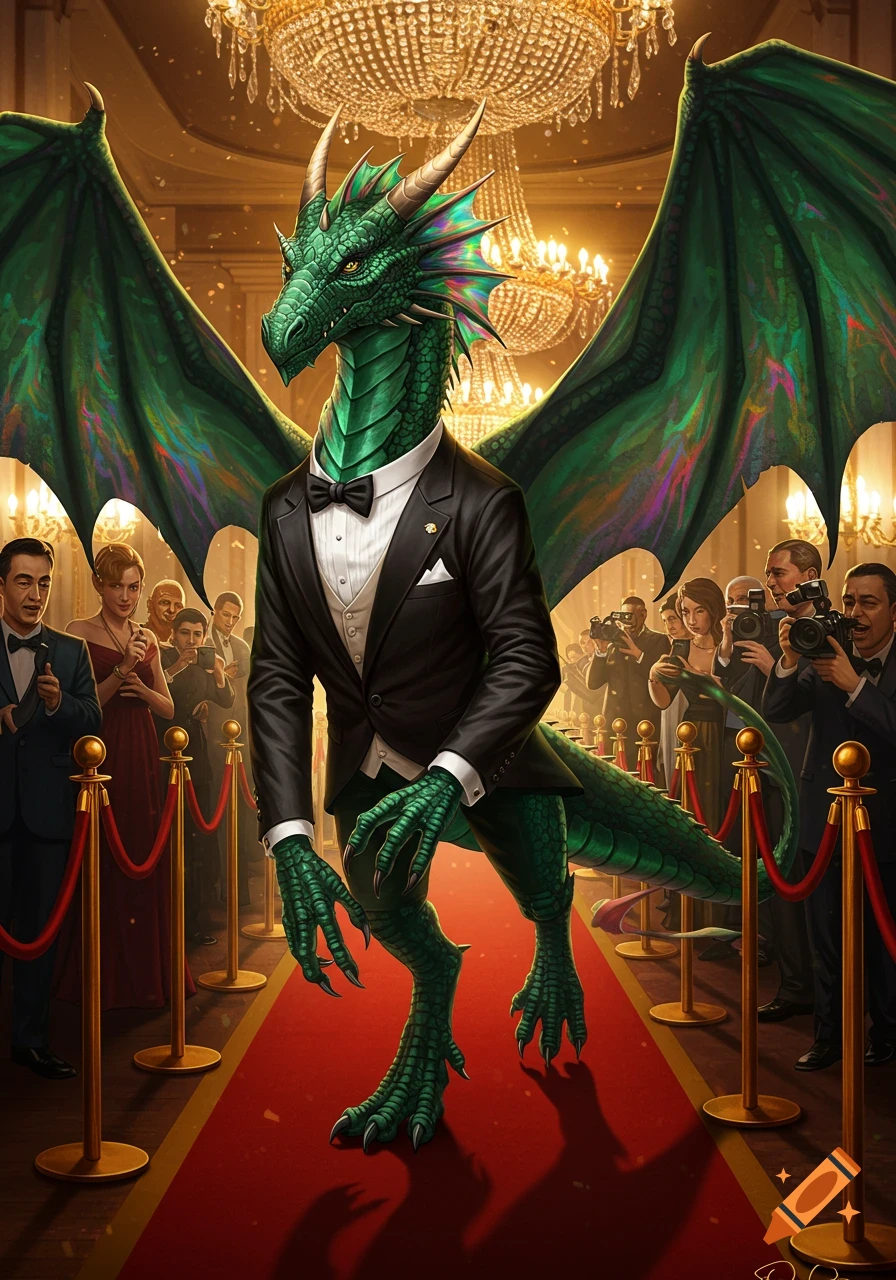 A dapper green dragon in a tuxedo and bowtie confidently walks a red carpet, surrounded by a crowd and sparkling chandeliers.