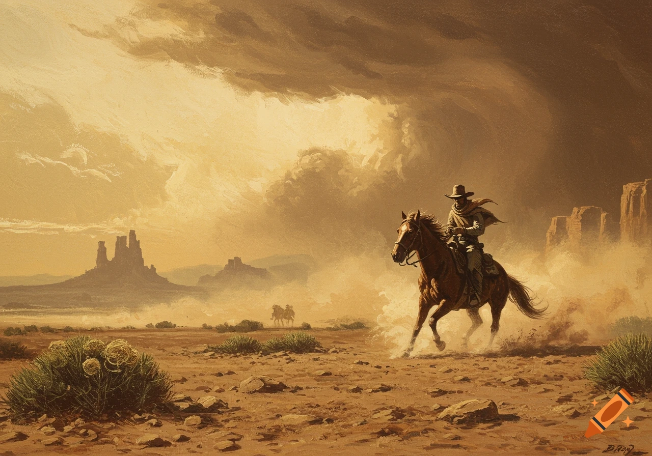 A cowboy on horseback rides through a dusty desert landscape with mesas in the background, in a painted style.