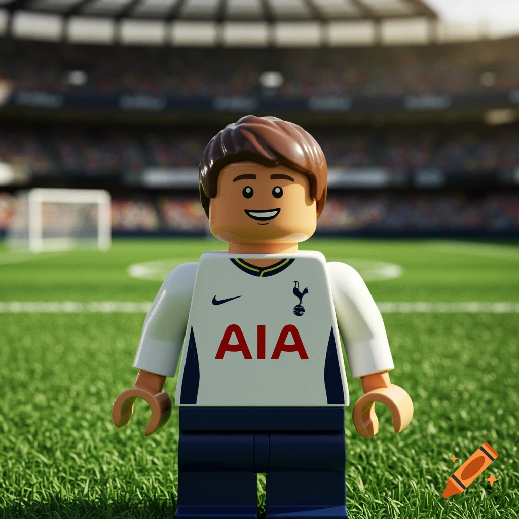 Photorealistic Lego minifigure of a boy in a white Tottenham Hotspur soccer jersey, standing on a green field with a stadium in the background.