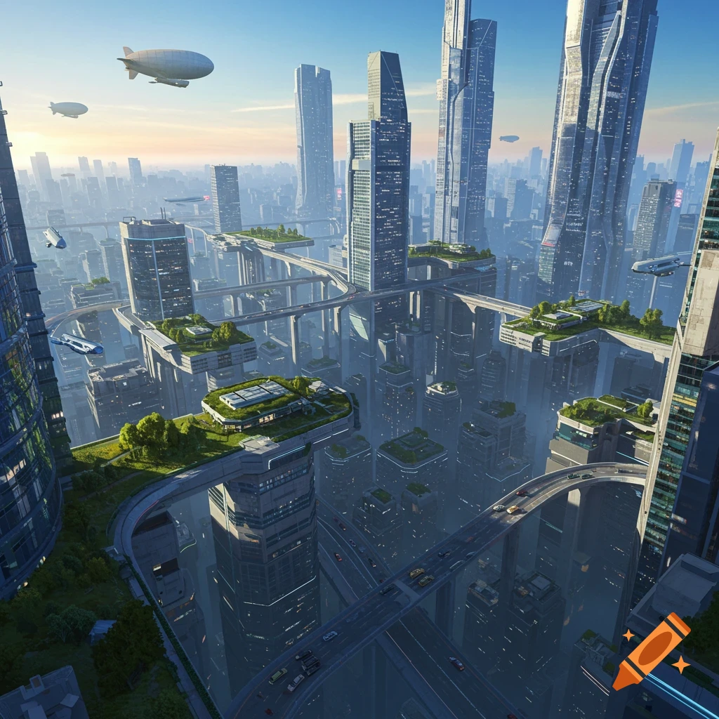A stunning photorealistic futuristic cityscape at sunrise with soaring skyscrapers, elevated green highways, airships, and flying vehicles.