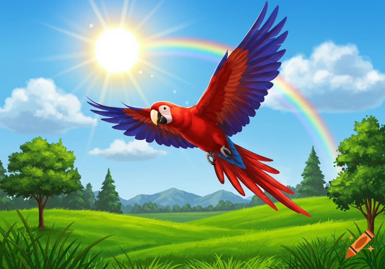 A vibrant cartoon red and blue parrot flies across a sunny green landscape with a rainbow.