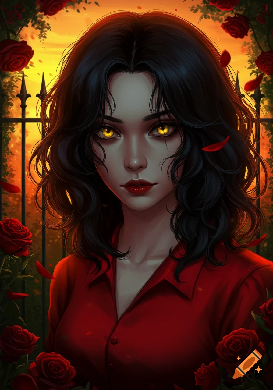 Illustrated portrait of a woman with black wavy hair, glowing golden eyes, wearing a red shirt, surrounded by red roses against an orange sunset background.