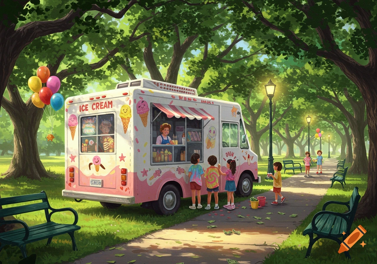An animated ice cream truck is parked in a sunny park, surrounded by children buying treats. Trees line the path, with benches and streetlights.