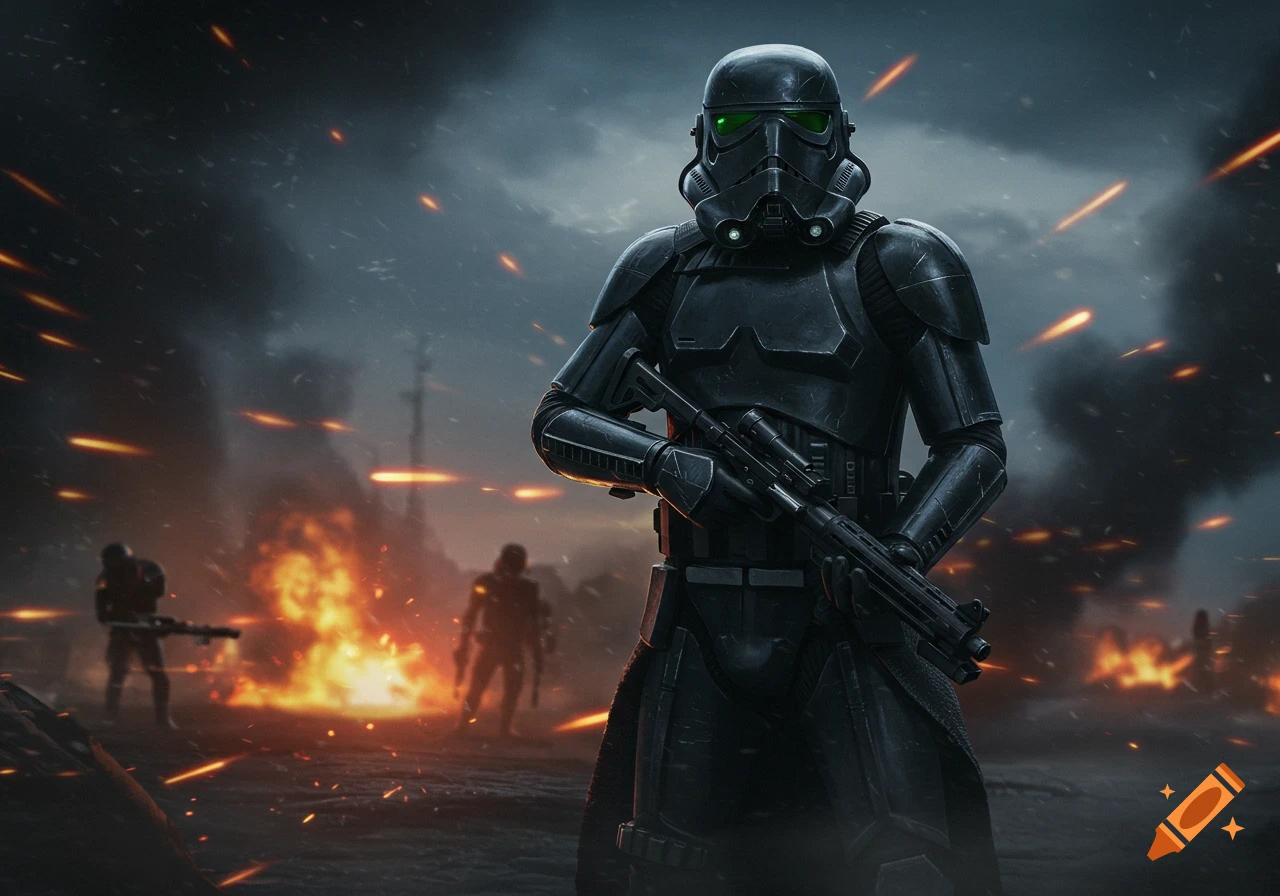 A dramatic photorealistic image of a Star Wars Death Trooper standing in a fiery battleground, holding a blaster rifle.