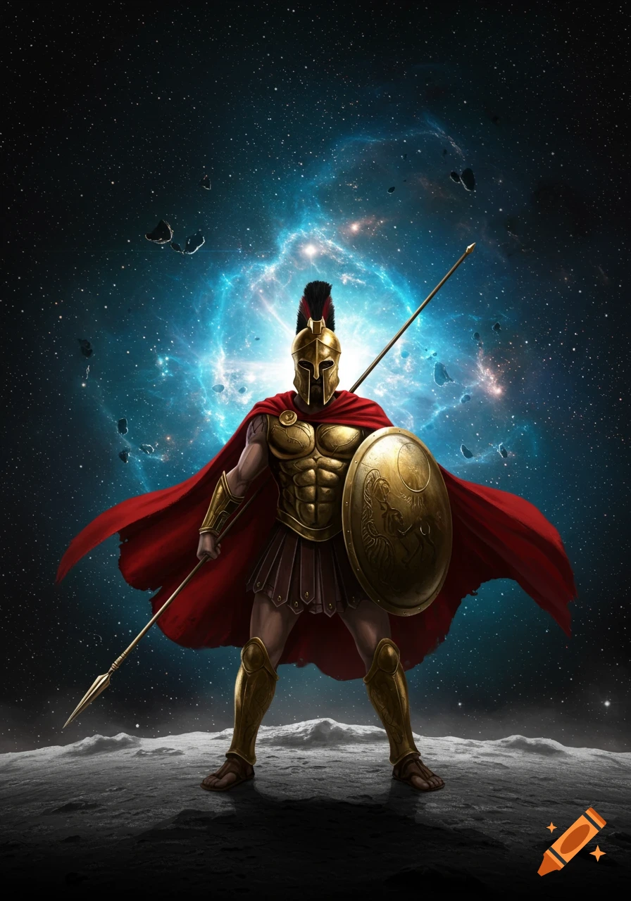 A golden-armored Spartan warrior stands on a desolate moon surface, holding a spear and shield, against a vibrant blue nebula in deep space.