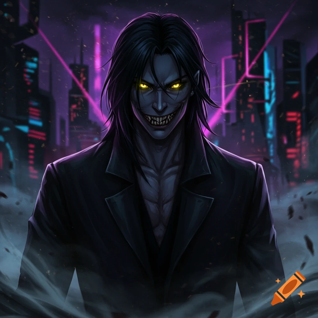 A monstrous man with black hair, glowing yellow eyes, and razor teeth smiles in front of a dark, neon-lit cyberpunk city, in an anime style.
