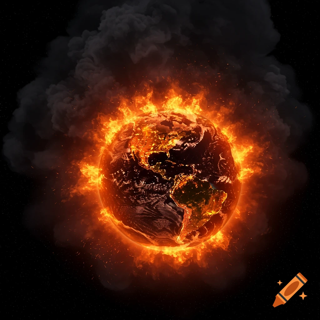 The Earth engulfed in vivid orange flames and dark smoke, set against a backdrop of stars in space.