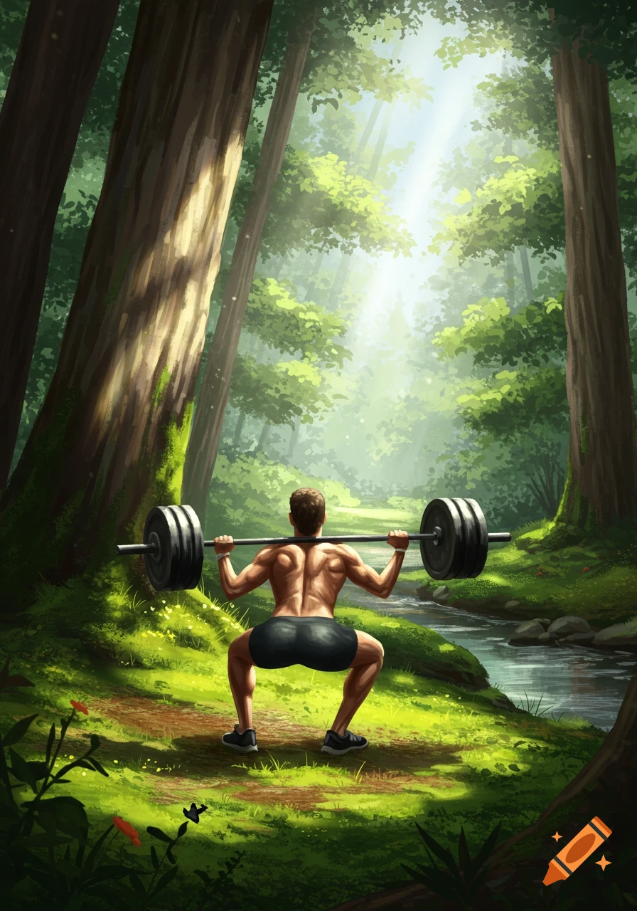 An illustration of a shirtless man doing barbell squats in a sunlit forest with a stream.