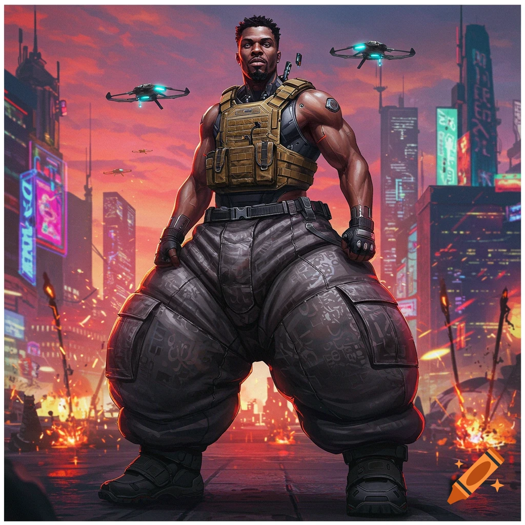 Muscular man in tactical gear and oversized pants stands in a futuristic cyberpunk city with drones in the sky, digital art.