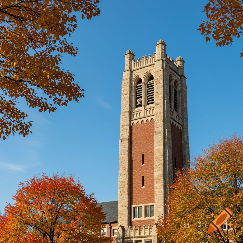 A tall stone and brick bell tower surrounded by vibrant orange and yellow autumn trees under a clear blue sky.