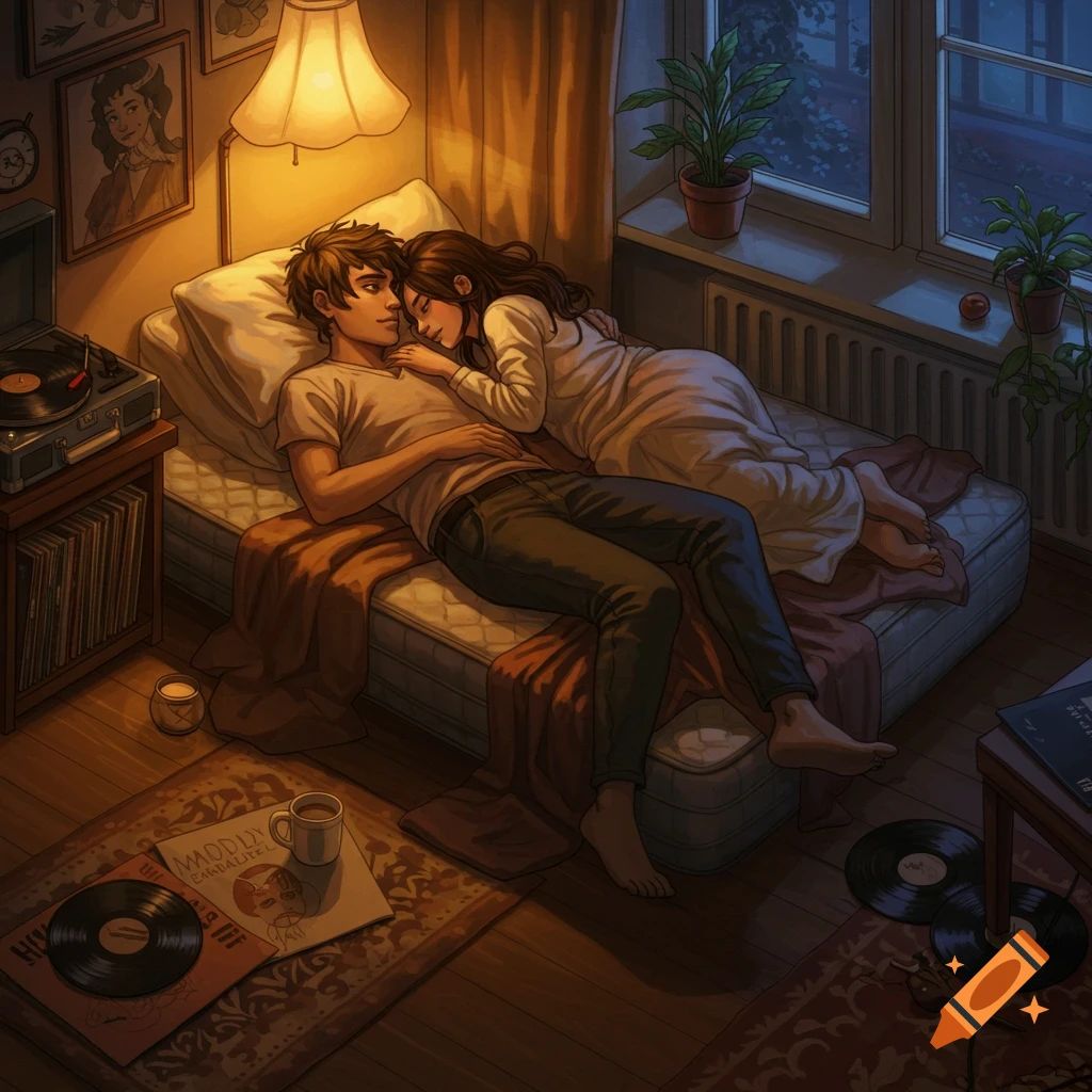 An illustrated couple, a man and woman, lie embracing on a mattress in a dimly lit, cozy room with a record player and plants.
