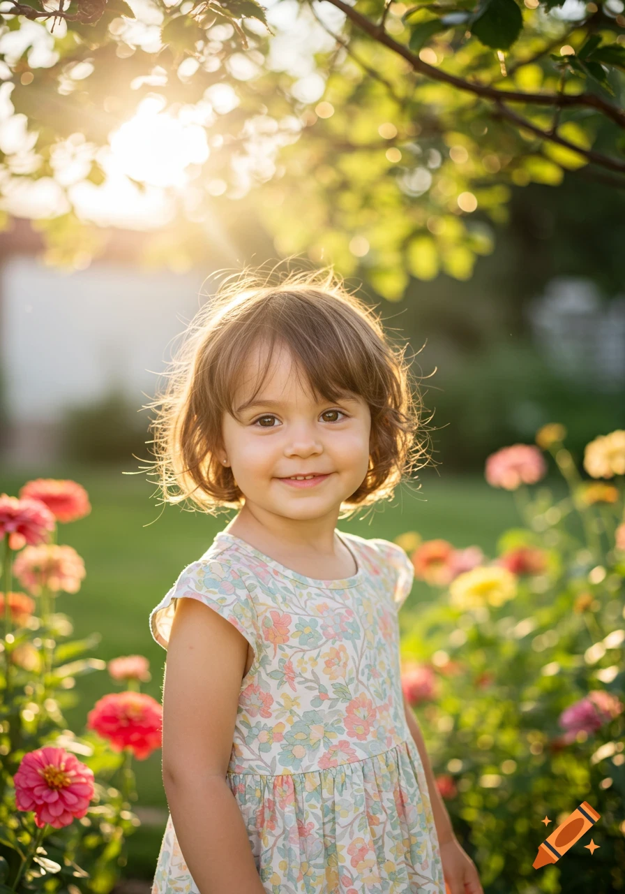 A smiling young girl with short brown hair in a floral dress stands in a sunlit garden with pink and yellow flowers.