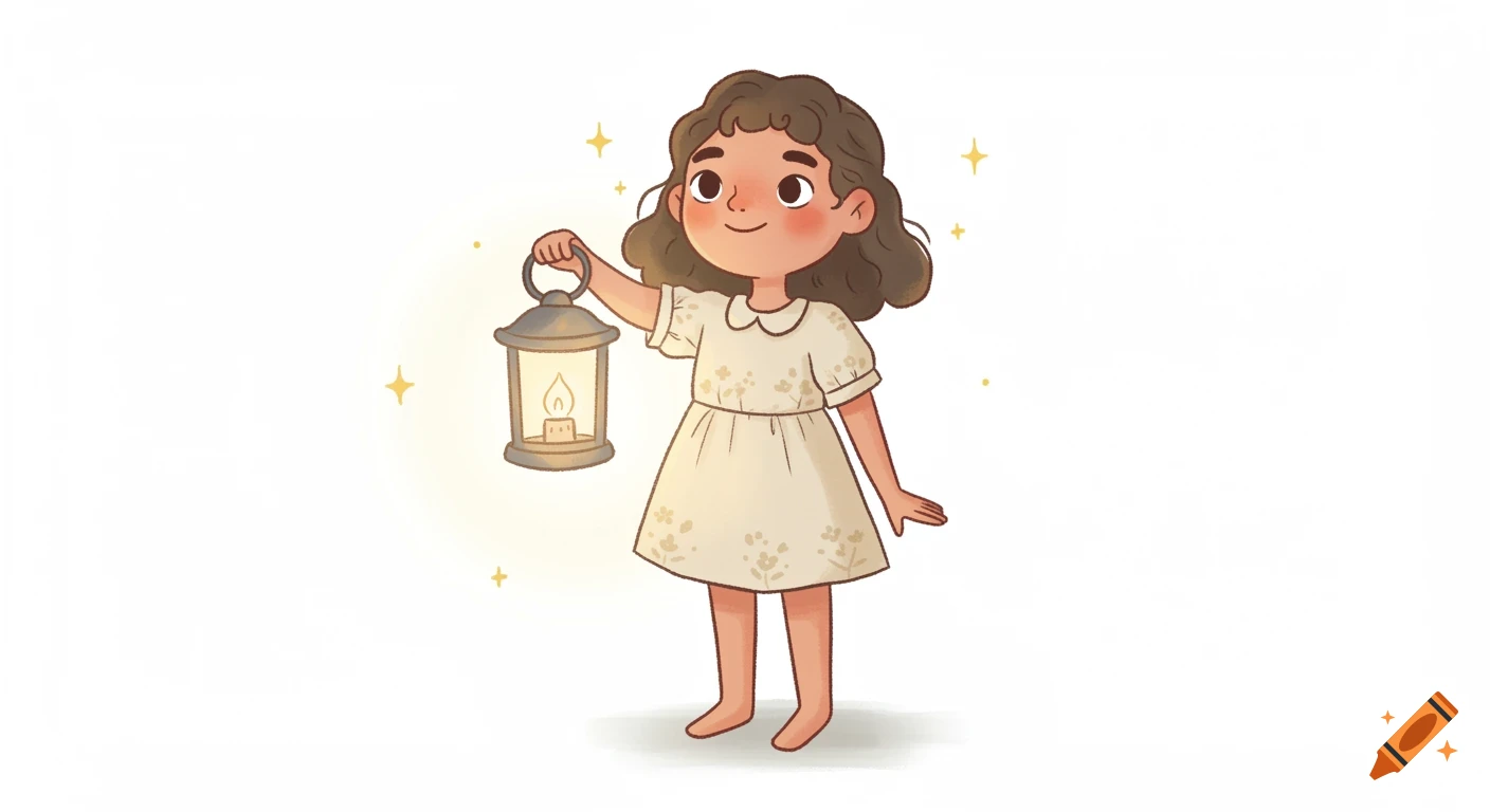 A smiling cartoon girl with brown hair holds a glowing lantern in a children's illustration style on a white background.