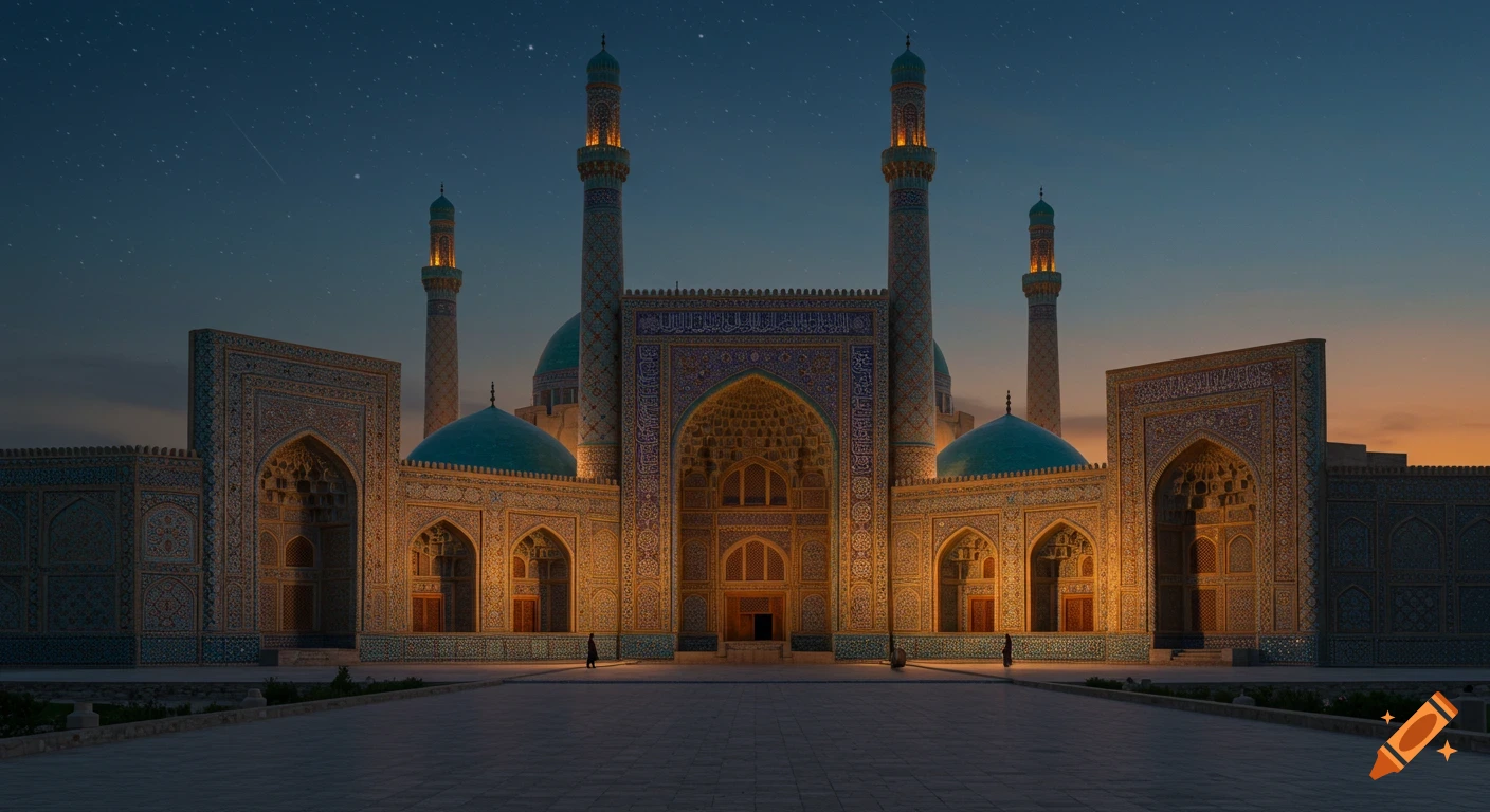 A grand mosque with multiple domes, minarets, and intricate tilework illuminated at dusk under a starry sky, with distant figures.