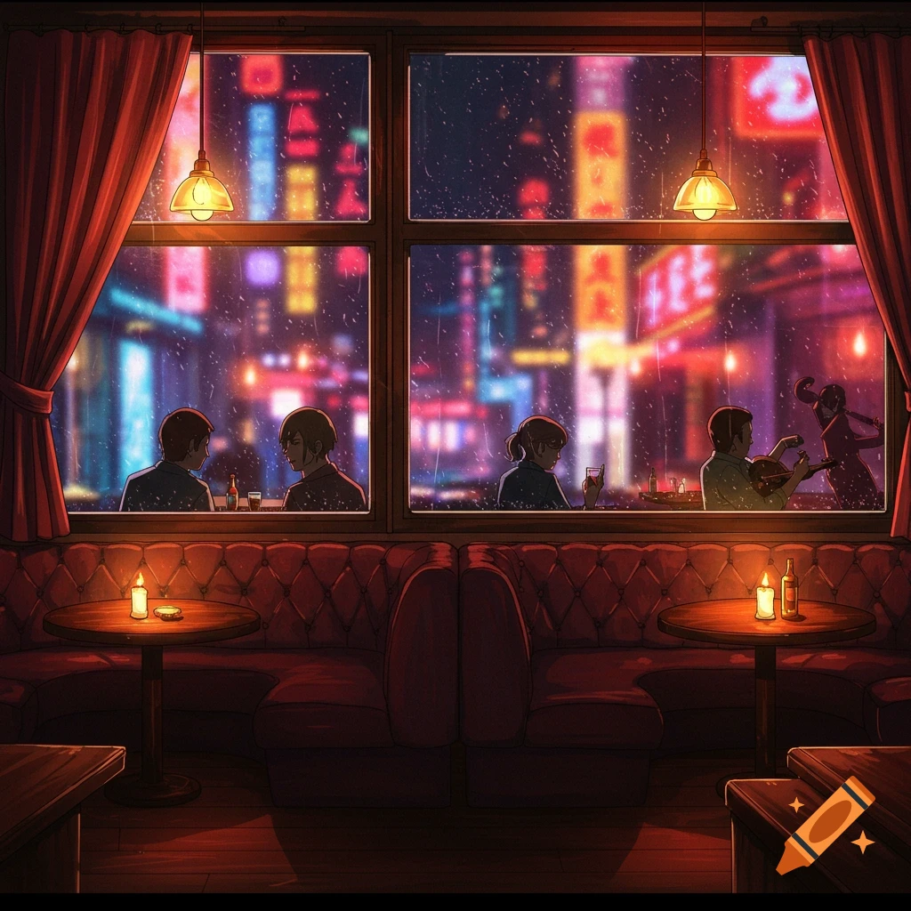 Anime-style scene inside a cozy jazz lounge with red booths, looking out a rainy window at neon city lights, with patrons drinking and listening to music.