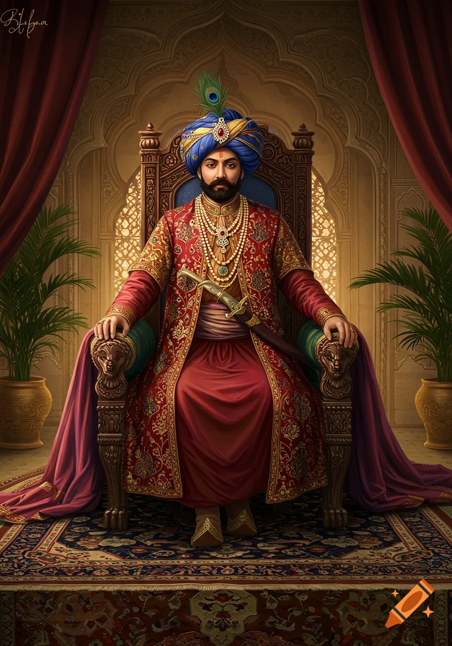 An ornate portrait of an Indian sultan in regal red and gold attire, adorned with jewelry and a turban, seated on an elaborate throne in a palace.