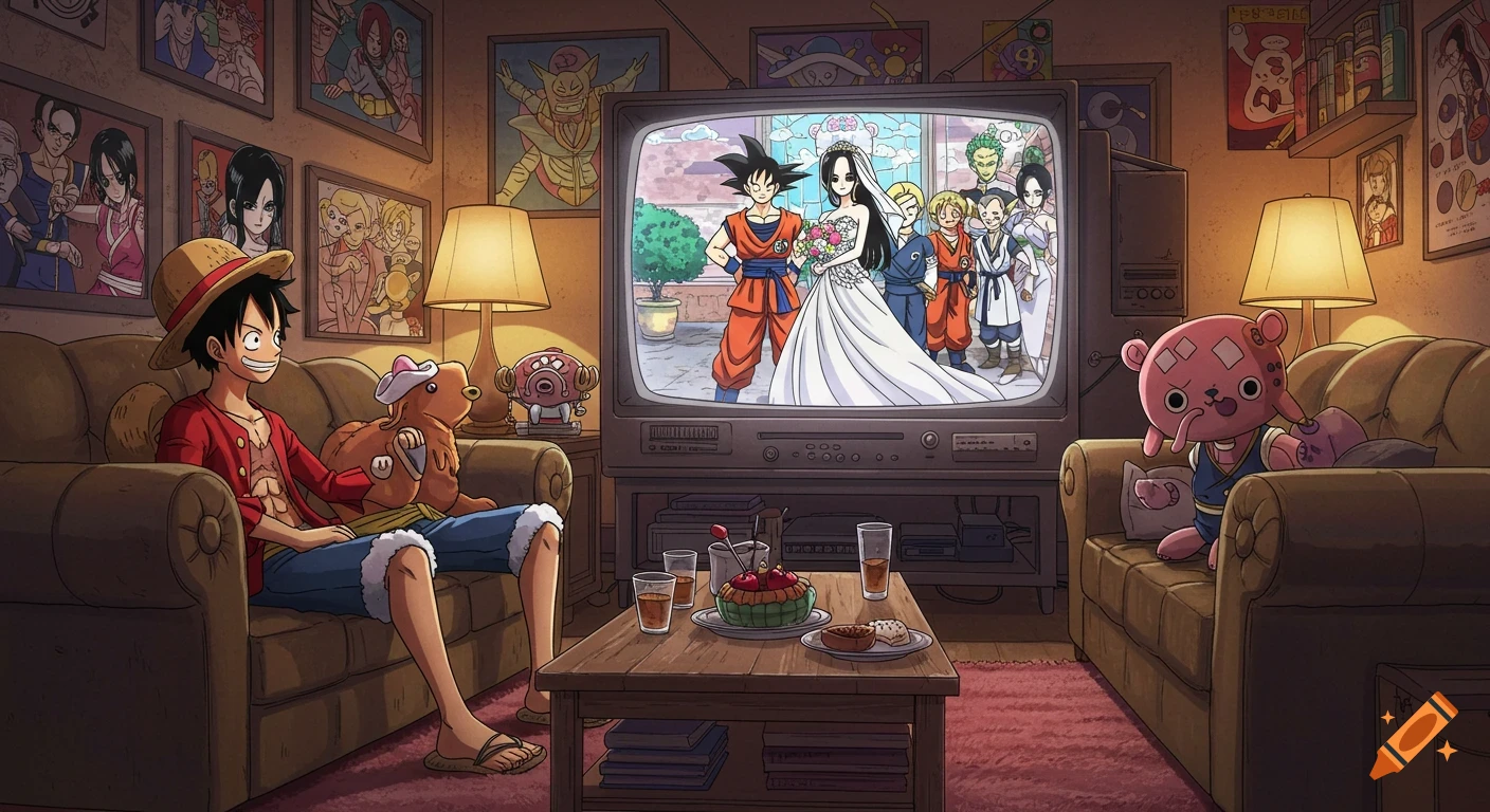 Luffy and Chopper-like character sit on couches watching Goku and Boa Hancock-like character get married on a vintage television in a cozy living room decorated with anime posters.