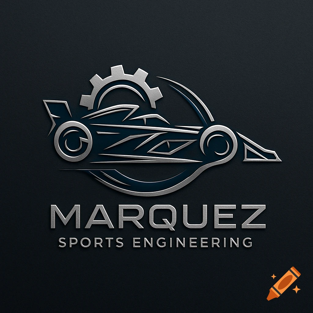 3D metallic logo for Marquez Sports Engineering featuring a stylized race car and gear on a dark background.