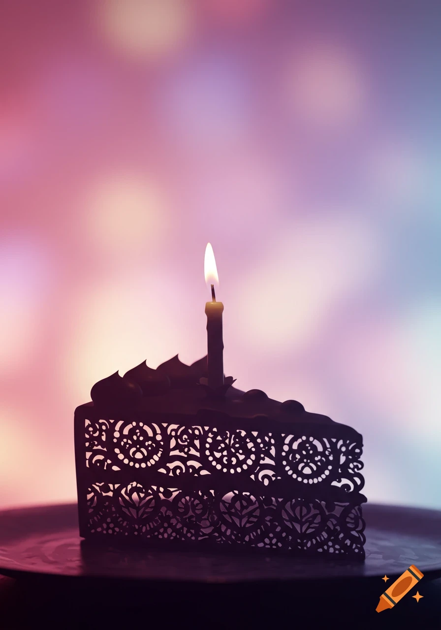 A stylized silhouette of a birthday cake slice with a lit candle, against a pink and purple bokeh background.