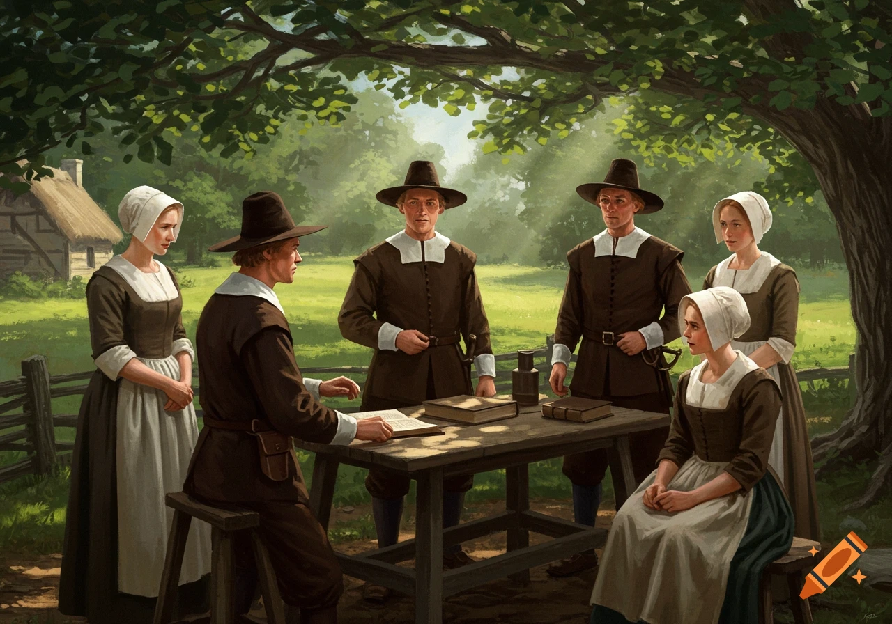 A group of Puritans in historical attire gathered outdoors around a table with books, under a leafy tree, with a cottage in the background.
