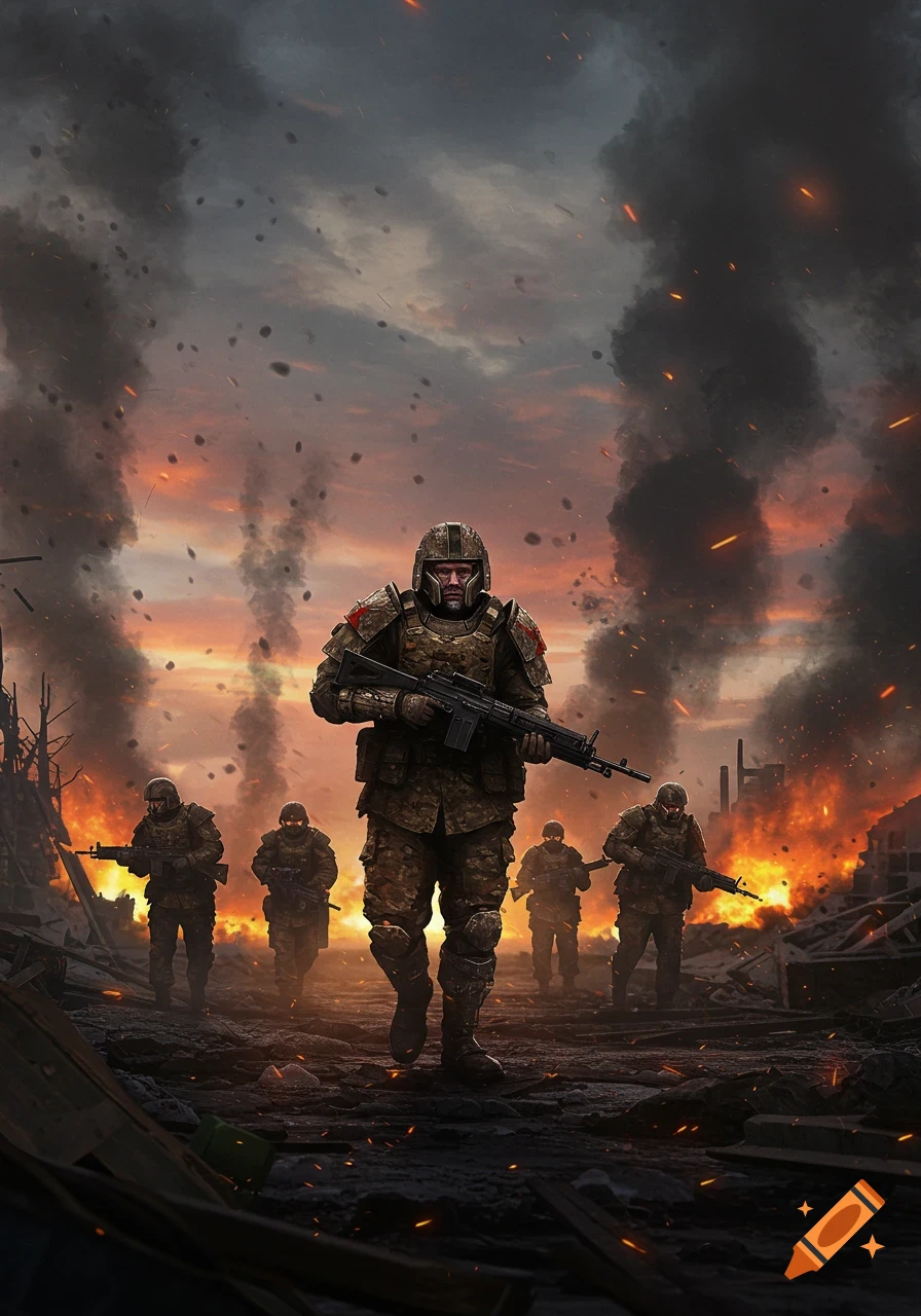 Several soldiers in futuristic armor walk through a burning, smoke-filled warzone at sunset, holding rifles.