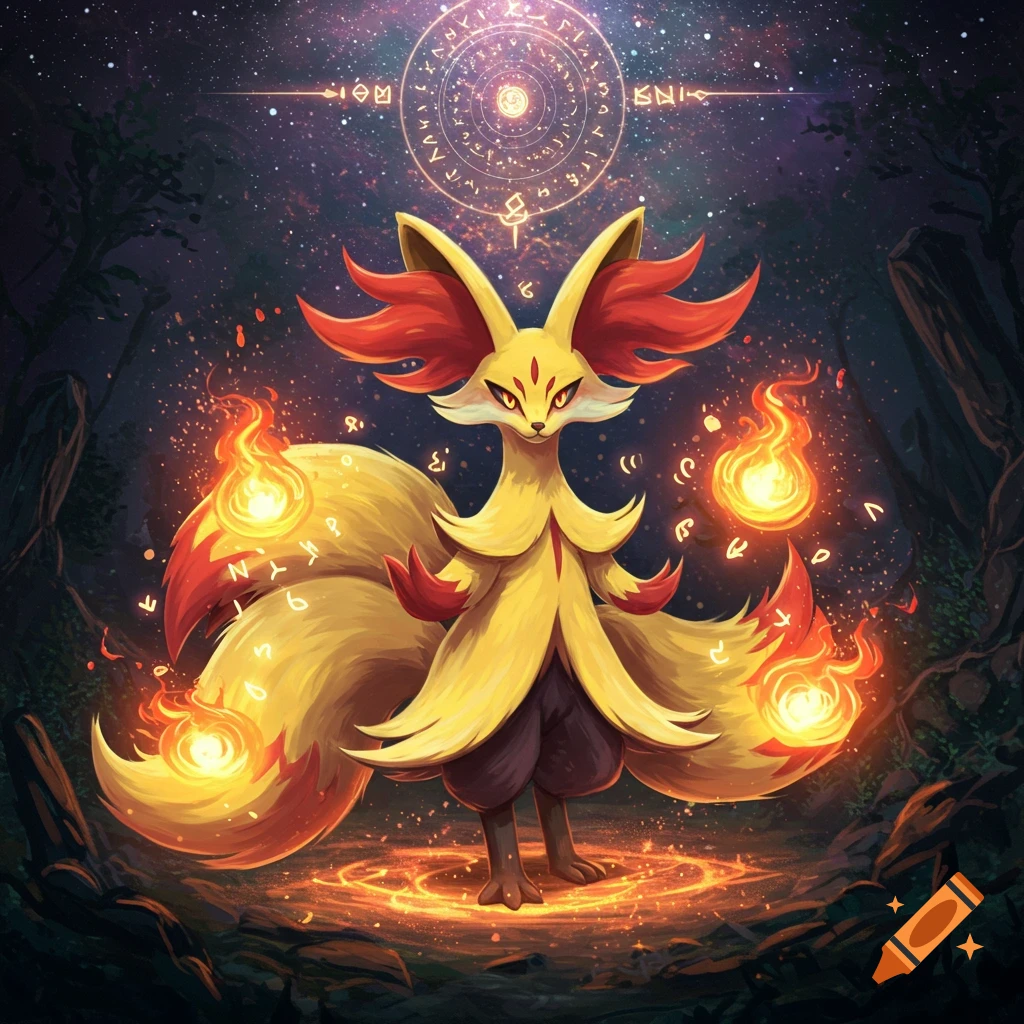 A fiery, fox-like magical creature, resembling Delphox, stands in a dark, starry forest with glowing runes and fire around it.