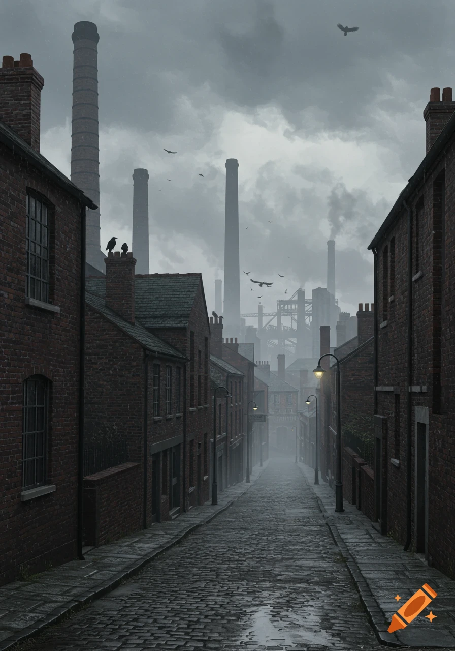 A gloomy cobblestone street lined with old brick buildings in a rundown industrial town, with factory smokestacks and birds under a stormy sky.