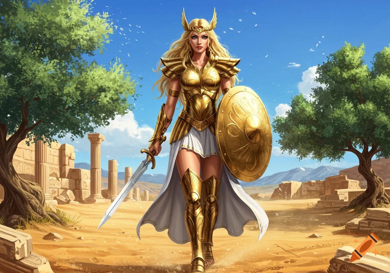 Blonde female warrior in golden armor, holding a sword and shield, stands in ancient ruins under a blue sky.