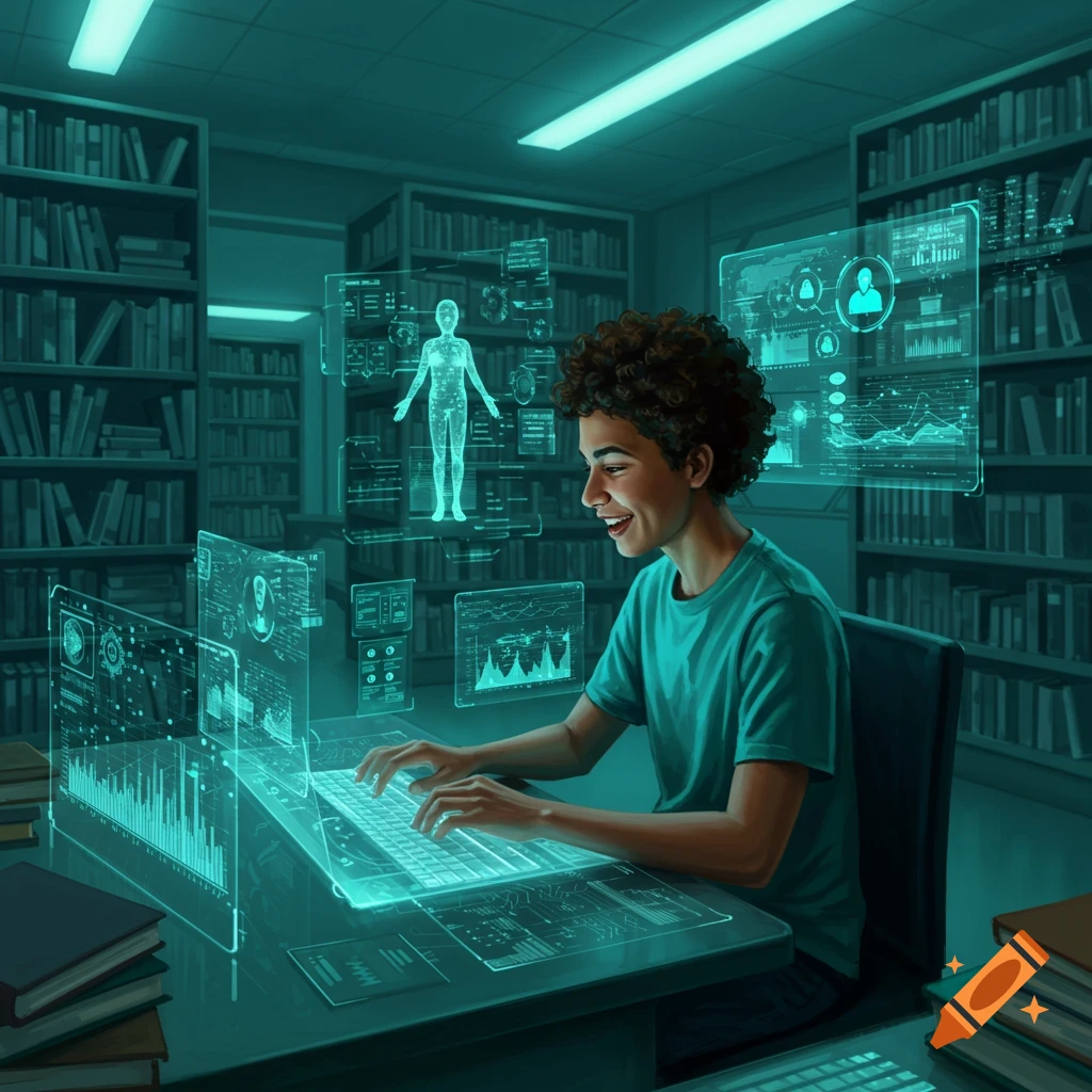 Smiling student uses a futuristic holographic AI interface with teal screens in a library.