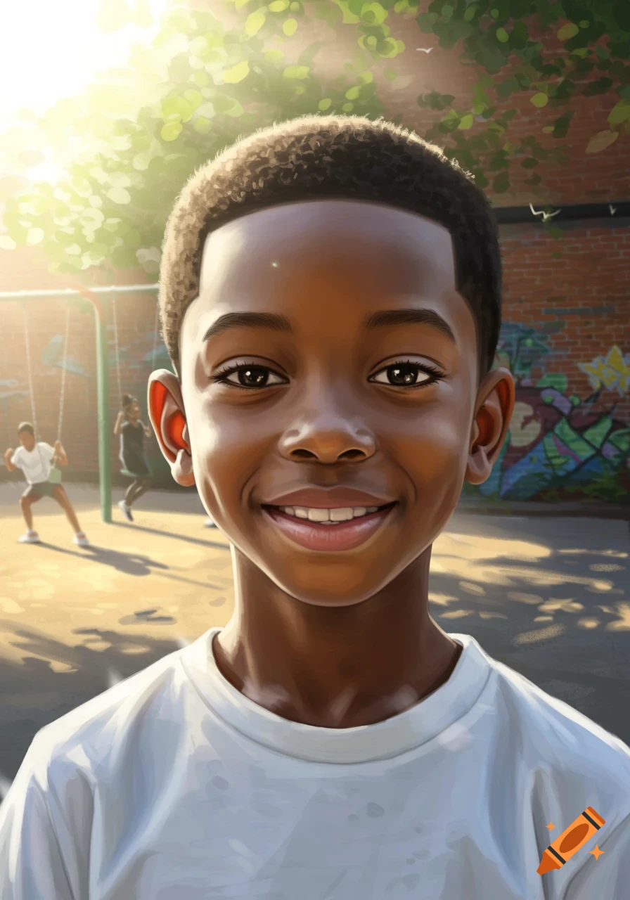 Smiling young Black boy with a fresh haircut in a sunlit playground.