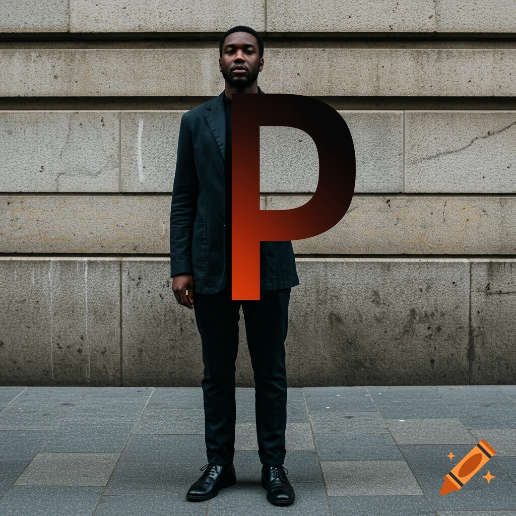 A man stands in front of a concrete wall, with a large red and black letter 'P' superimposed over his chest.