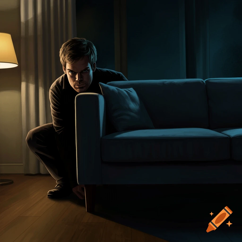 Digital illustration of Dexter Morgan, with an intense expression, peeking from behind a dark couch in a dimly lit room.