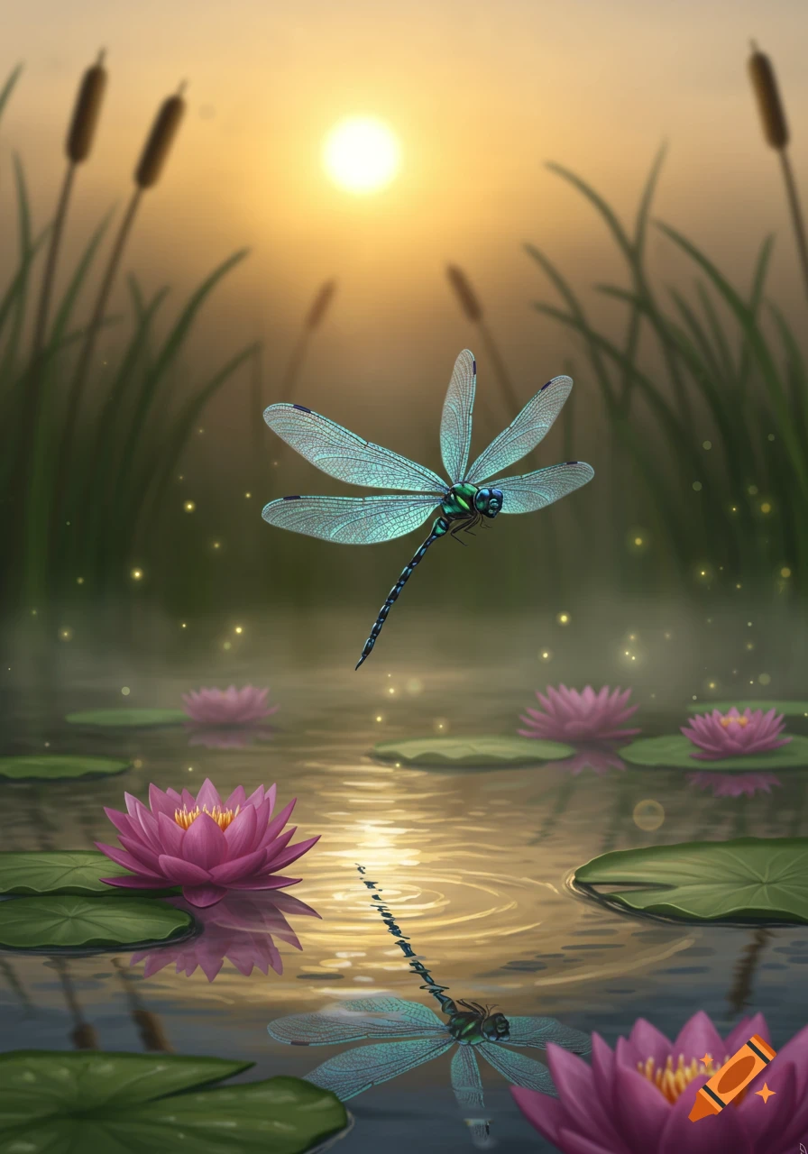 A luminous dragonfly hovers over a reflective pond with pink water lilies and cattails at sunset.