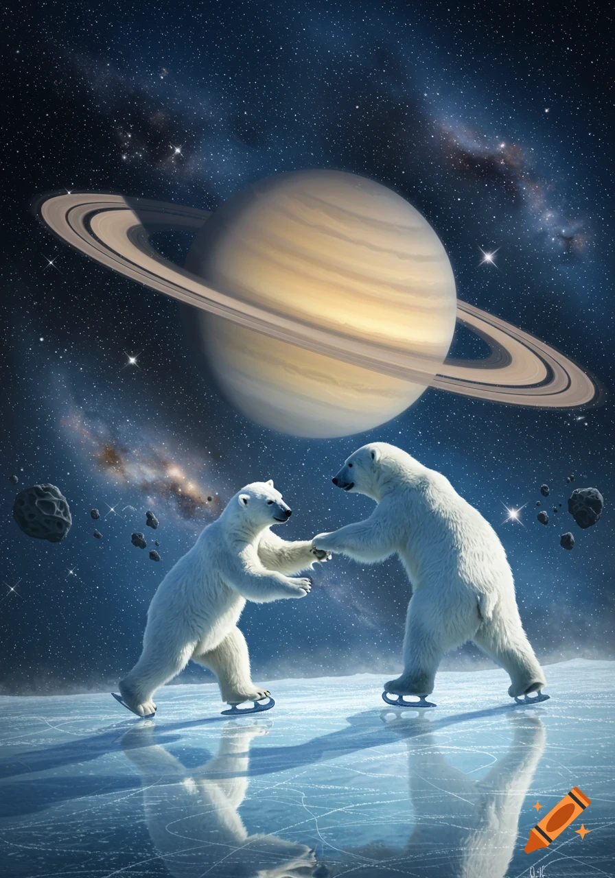 Two polar bears ice skate on an icy surface with Saturn and its rings in a starry space background.