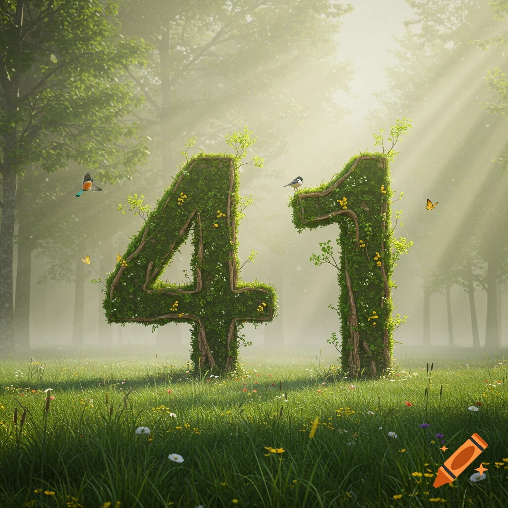 Numbers 41 formed by mossy plants and branches in a sunlit forest clearing with birds and butterflies.