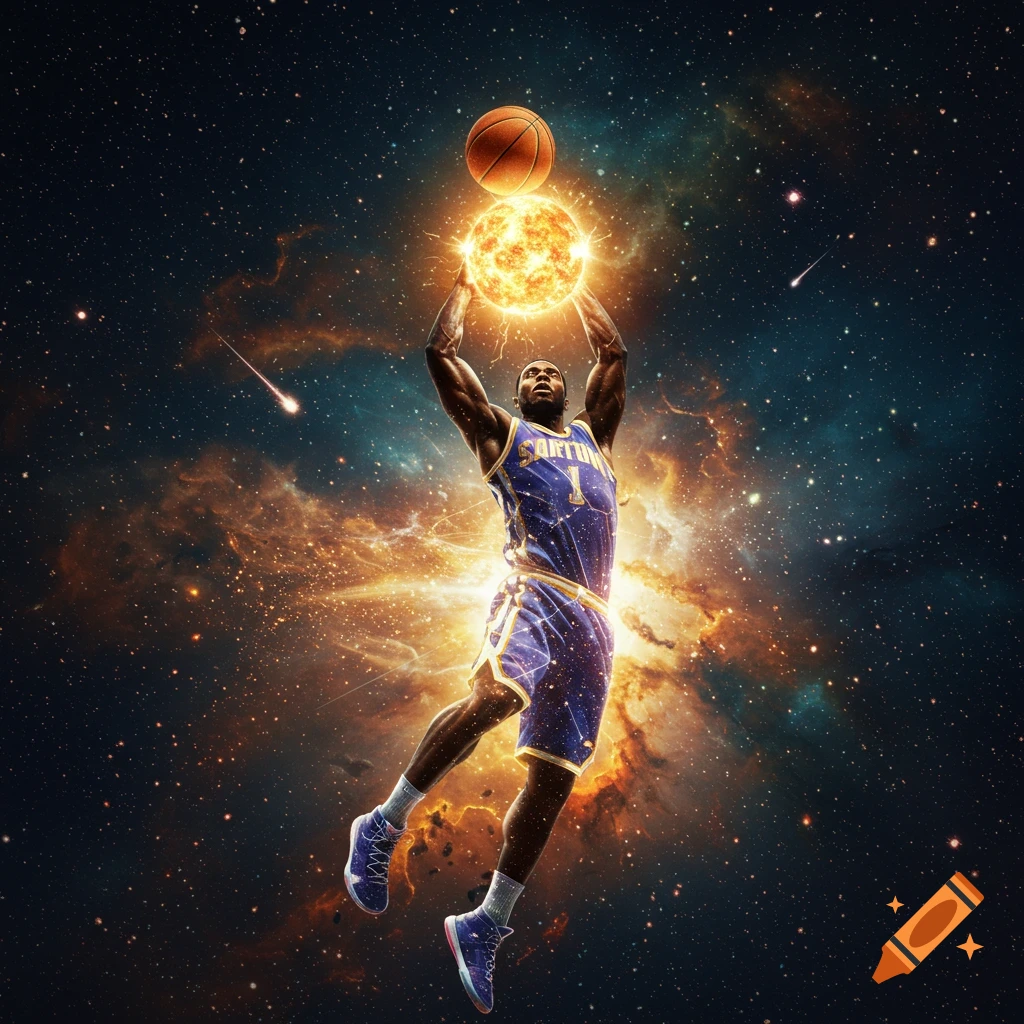 A basketball player in a cosmic jersey leaps towards a basketball and a glowing sun against a starry nebula background.