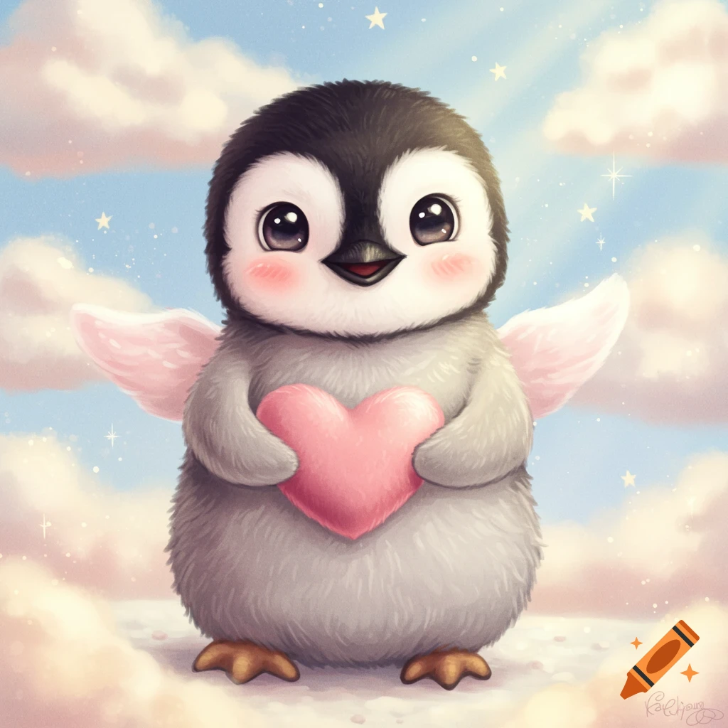 A very cute cartoon baby penguin with tiny pink wings holds a pink heart, standing on clouds under a starry, cloudy blue sky.