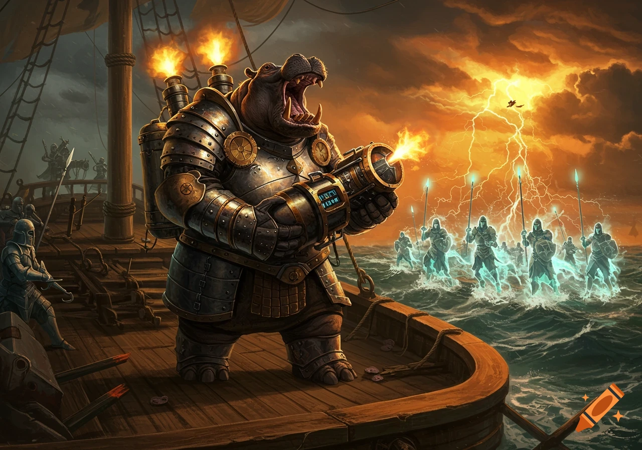 A heavily armored hippo man on a ship fires a steampunk cannon at ghostly paladins rising from a stormy sea with lightning.