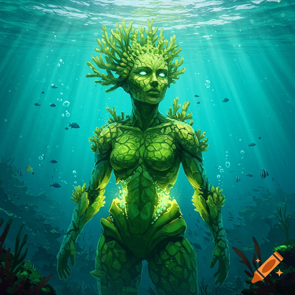 A green coral humanoid figure glows underwater amidst light rays and fish, in a stylized fantasy artwork.