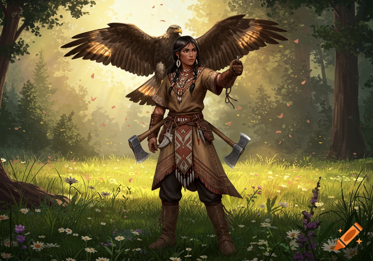 A woman in traditional attire, with axes on her belt, stands in a sunlit forest with a large eagle behind her. Digital painting.