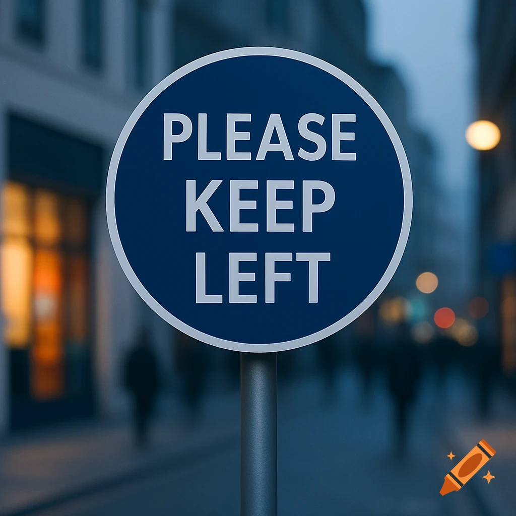 A blue and white circular sign on a pole says 'PLEASE KEEP LEFT' on a blurred urban street.