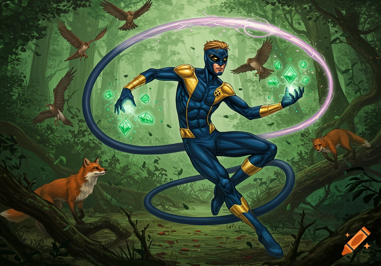 A male mutant in a blue and gold X-Men uniform floats in a forest, surrounded by glowing green emeralds, purple energy, foxes, and birds, in a comic art style.