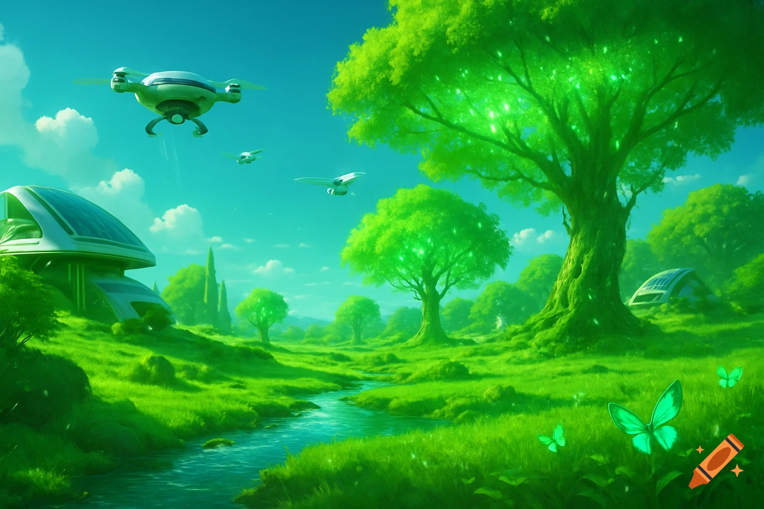 Vibrant green futuristic landscape with a river, lush trees, dome buildings, flying drones, and glowing butterflies under a blue sky.
