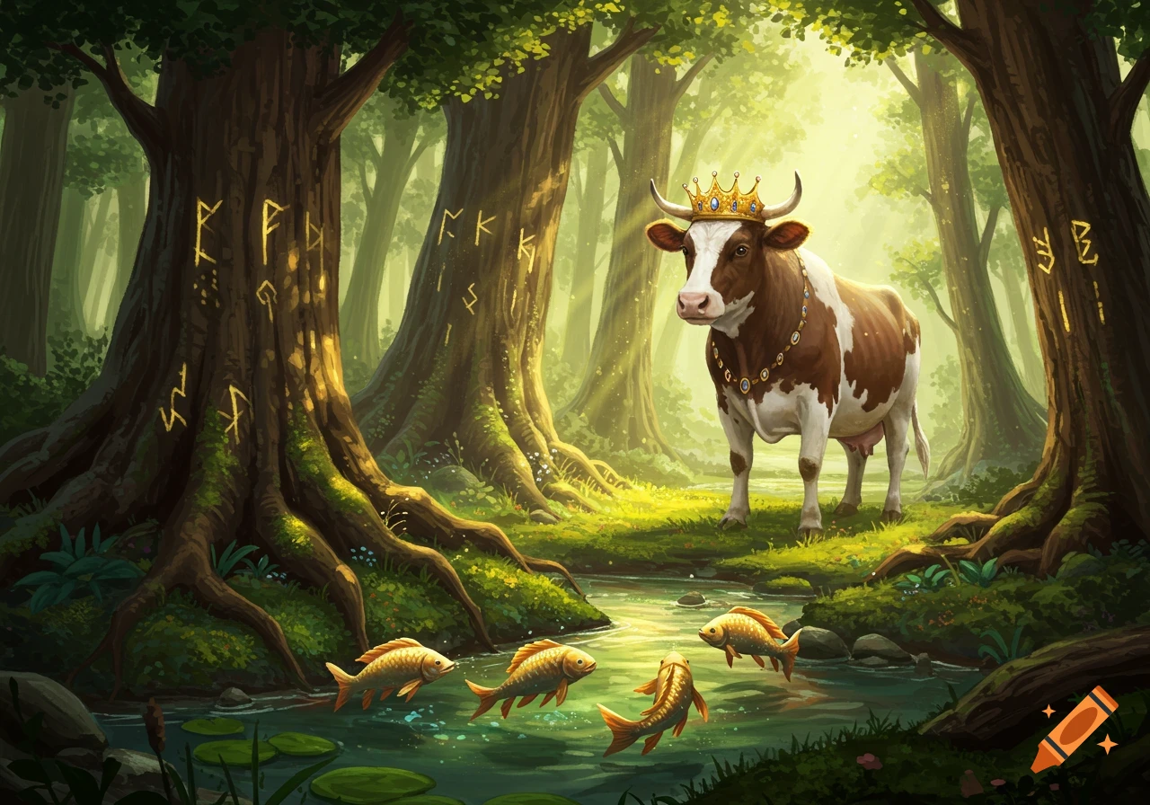 A majestic cow wearing a golden crown and jewelry stands in an enchanted forest next to a river where fish dance. Vibrant fantasy art.