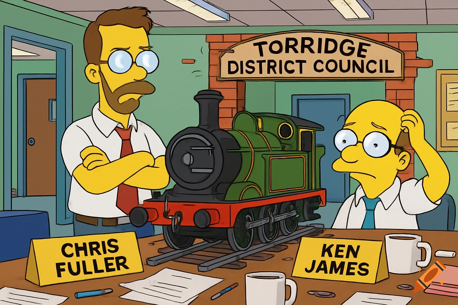 Two confused men in an office with a toy train, in the style of The Simpsons. A sign reads 'Torridge District Council'.