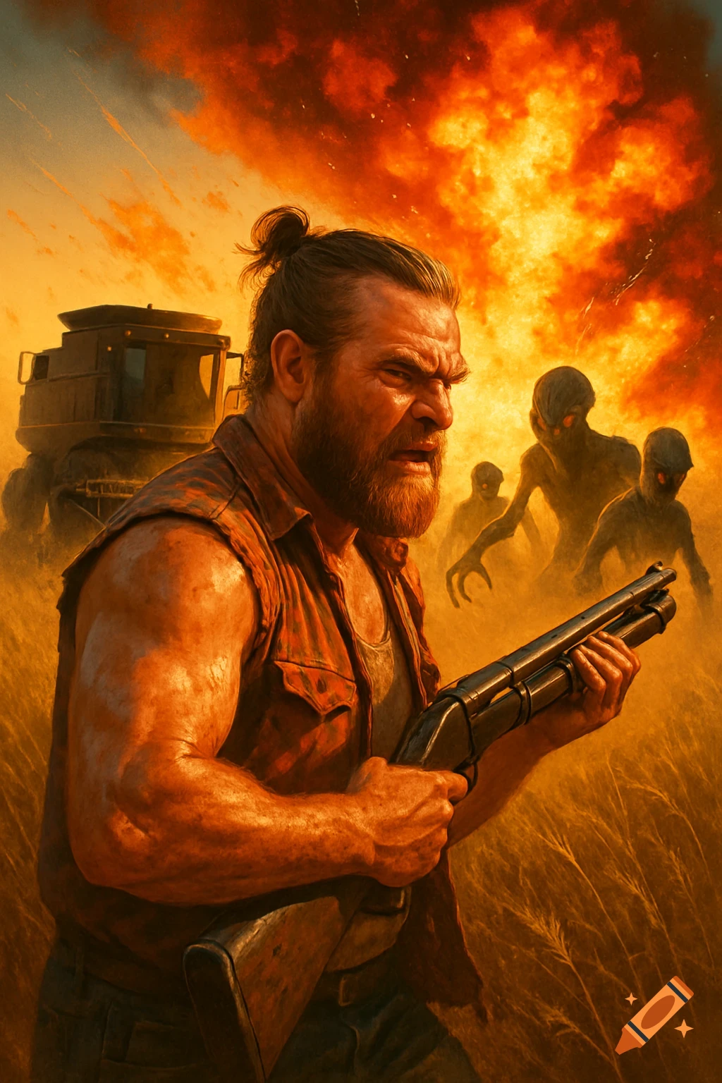 Intense digital illustration of a man with a shotgun facing shadowy monsters in a fiery field, a combine tractor in the background.