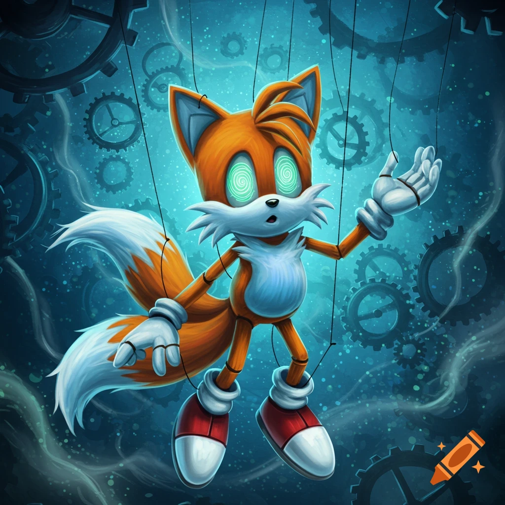 Stylized illustration of orange fox character, Tails, as a marionette with hypnotic green eyes against a dark teal background with gears.