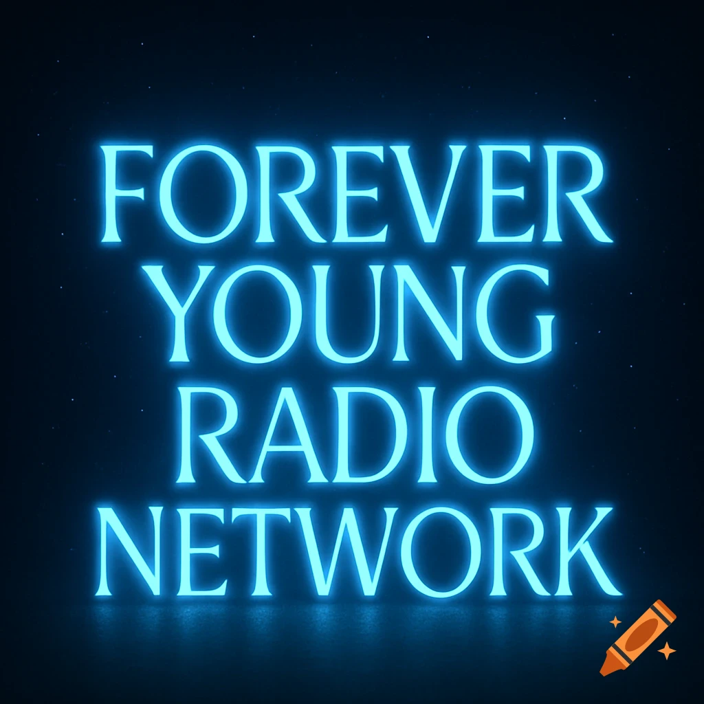 Blue neon text 'FOREVER YOUNG RADIO NETWORK' against a dark background with subtle speckles.