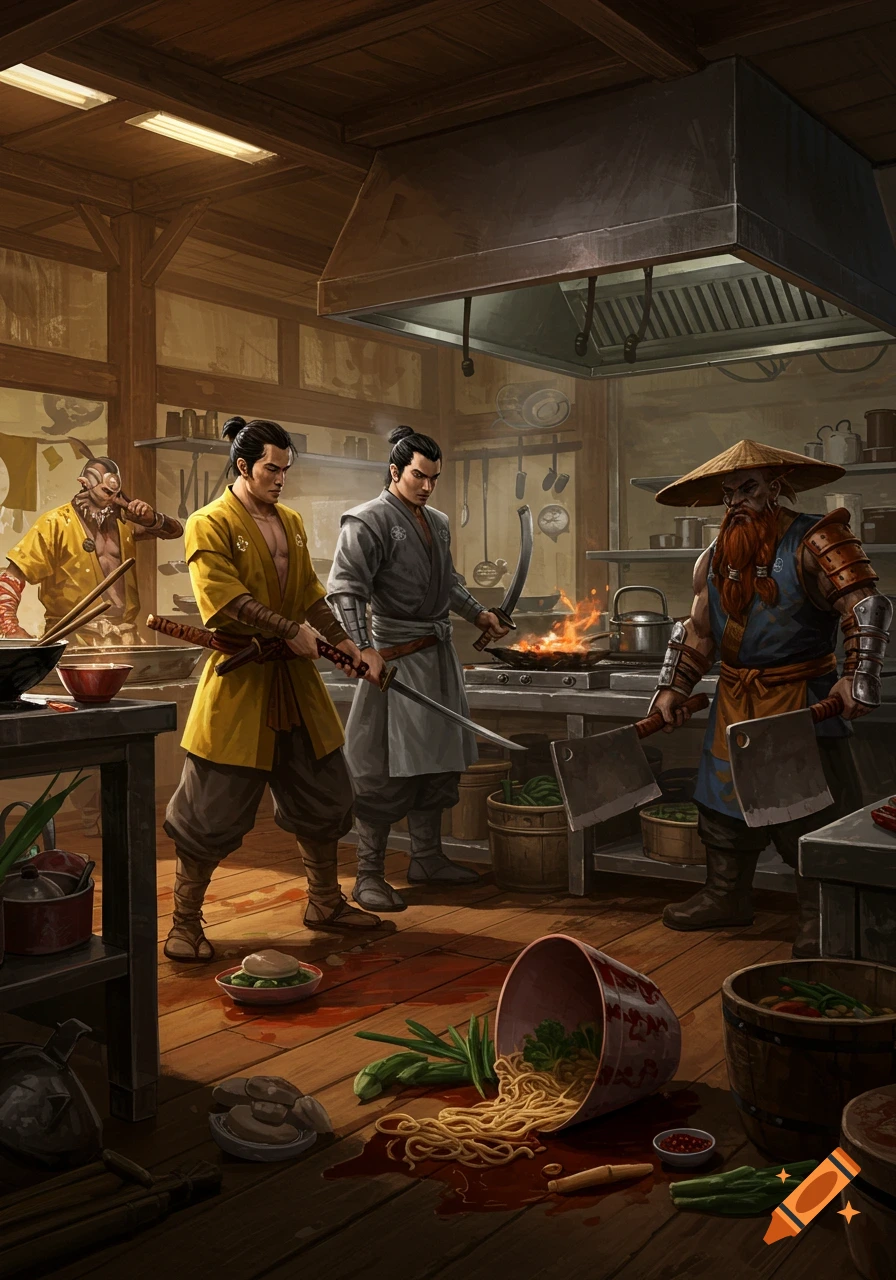 Samurai and a dwarf warrior clash with swords and cleavers in a chaotic, detailed fantasy kitchen with spilled noodles.